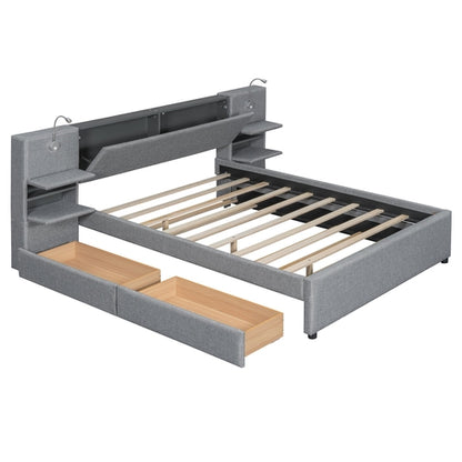 Queen Size Upholstered Platform Bed with Reading Lights, Drawers,