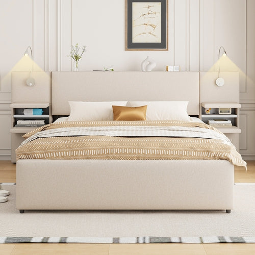 Queen Size Upholstered Platform Bed with Reading Lights, Drawers,