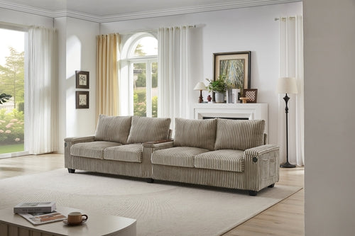 Modern 4-Seater Corduroy Sofa Couch with USB Ports, Hidden Storage and