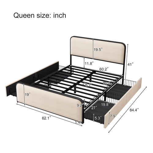 Modern Metal Bed Frame with Upholstered Curved Headboard and