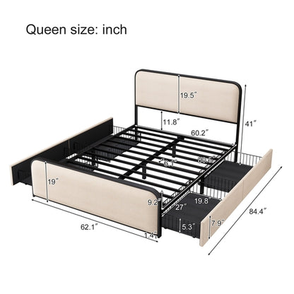 Modern Metal Bed Frame with Upholstered Curved Headboard and