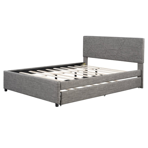Queen Size Upholstered Platform Bed with Brick Pattern Headboard and