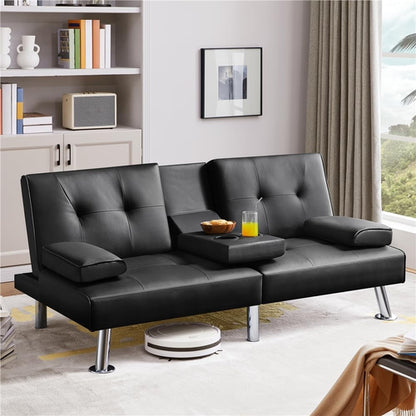 Convertible Sofa Bed Black Faux Leather With Cup Holders