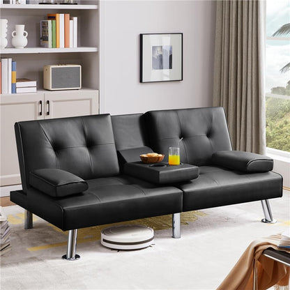 Convertible Sofa Bed Black Faux Leather With Cup Holders