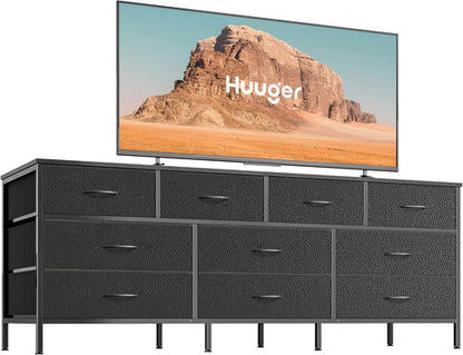 63 Inch TV Stand Dresser With 10 Fabric Drawers Black