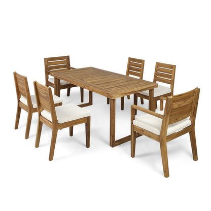 Outdoor Acacia Wood 7 Piece Dining Set with Cushions, Sandblasted