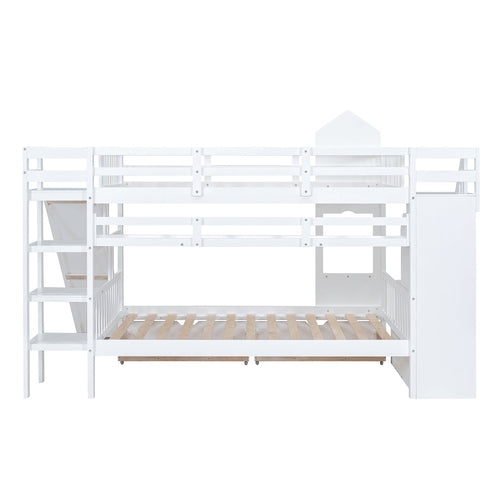 Full-Over-Full Castle Style Bunk Bed with 2 Drawers, 3 Shelves and