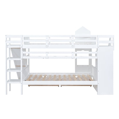 Full-Over-Full Castle Style Bunk Bed with 2 Drawers, 3 Shelves and