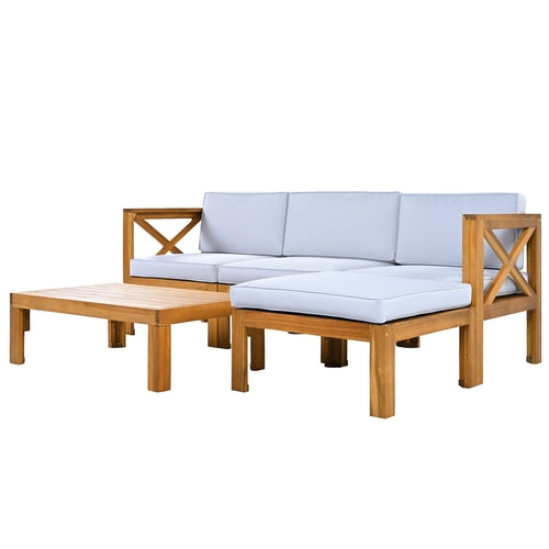 Outdoor Backyard Patio Wood 5-Piece Sectional Sofa Seating Group Set