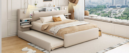 Queen Size Upholstered Platform Bed with Reading Lights, Drawers,