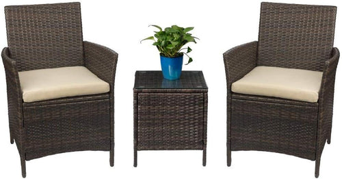 3 Piece PE Rattan Patio Set With Glass Table Brown