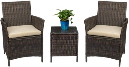 3 Piece PE Rattan Patio Set With Glass Table Brown