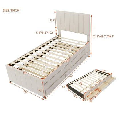 Upholstered Platform Bed with Trundle and 3 Drawers, Linen Fabric