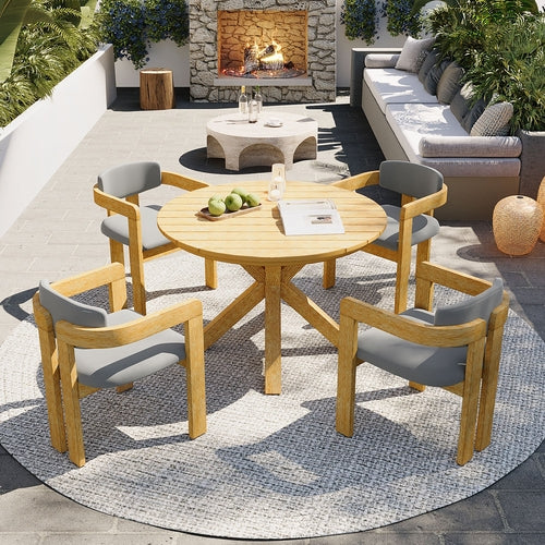 5-Piece Outdoor Acacia Wood Round Dining Set, Solid Wood Patio Table