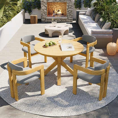 5-Piece Outdoor Acacia Wood Round Dining Set, Solid Wood Patio Table