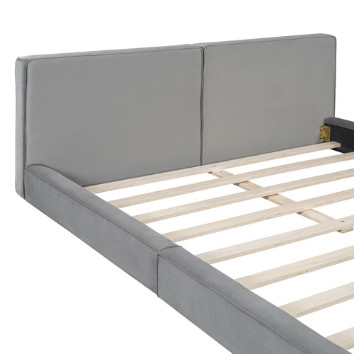 Queen Size Upholstered Platform Bed with Velvet Fabric, Grounded Bed