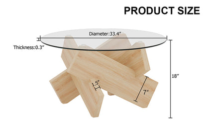 Modern Round Glass Coffee Table – 33.4" Tempered Glass Top with MDF