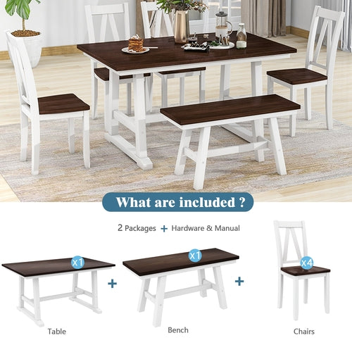 6-Piece Wood Dining Table Set with Long Bench and 4 Dining Chairs,