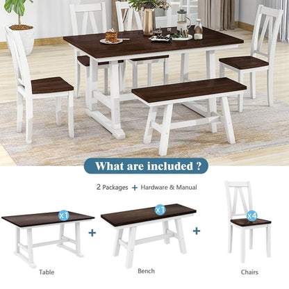 6-Piece Wood Dining Table Set with Long Bench and 4 Dining Chairs,