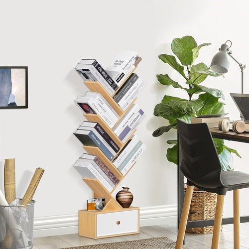 8 Tier Tree Bookshelf With Drawer Natural Wood Bookcase