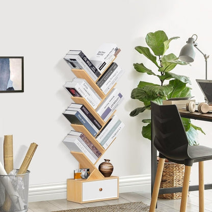 8 Tier Tree Bookshelf With Drawer Natural Wood Bookcase