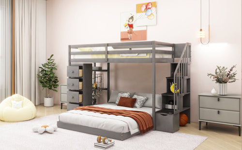Twin Over Full Bunk Bed with 3-layer Shelves, Drawers and Storage