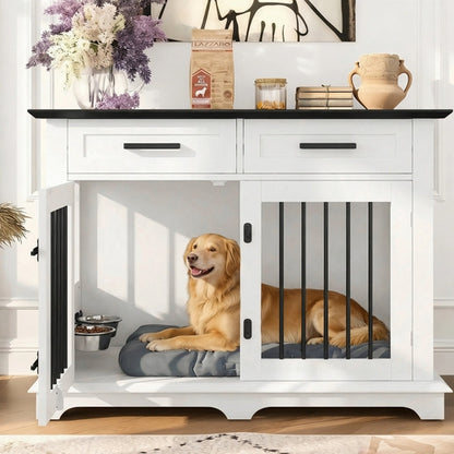 44.48" Wooden Dog Crate Furniture with Storage Drawers and Rotating