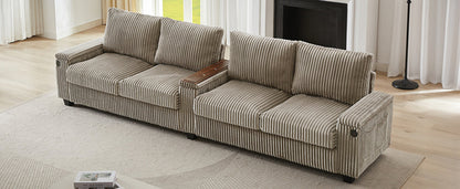 Modern 4-Seater Corduroy Sofa Couch with USB Ports, Hidden Storage and