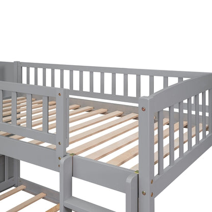 Stairway Twin over Twin Bunk Bed with Two Drawers and Slide, Gray