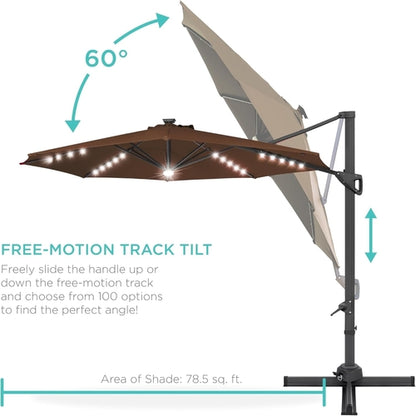 10Ft Solar LED Cantilever Patio Umbrella With 360 Degree Rotation And