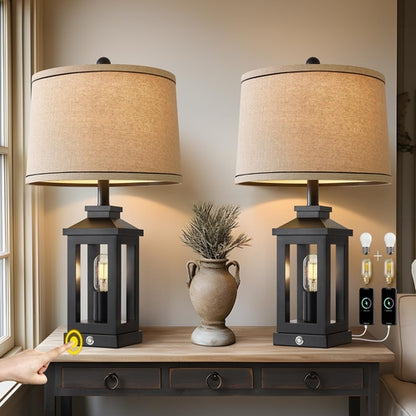 Retro Black Table Lamps Set With Touch Control And USB Ports