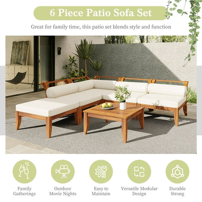 6 Piece Patio Sofa Set, Acacia Wood Outdoor Modular Sectional Garden
