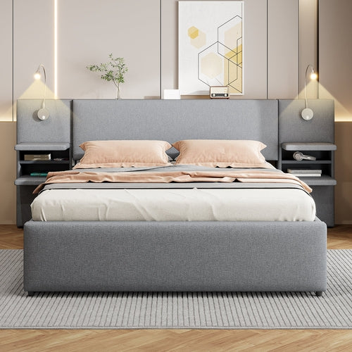 Queen Size Upholstered Platform Bed with Reading Lights, Drawers,