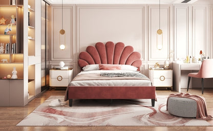 Upholstered Platform Bed with Flower Pattern Velvet Headboard