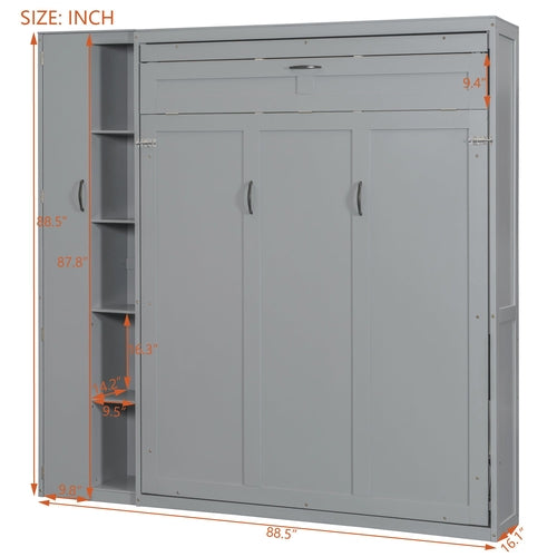 Queen Size Murphy Bed Wall Bed with Shelves, Wardrobe and LED Lights