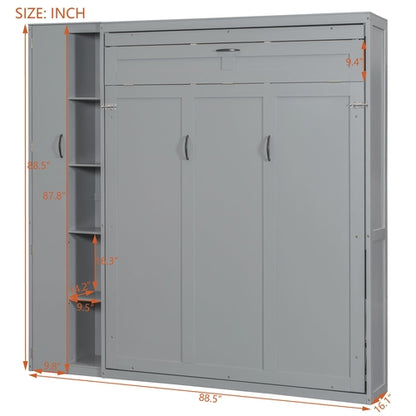 Queen Size Murphy Bed Wall Bed with Shelves, Wardrobe and LED Lights