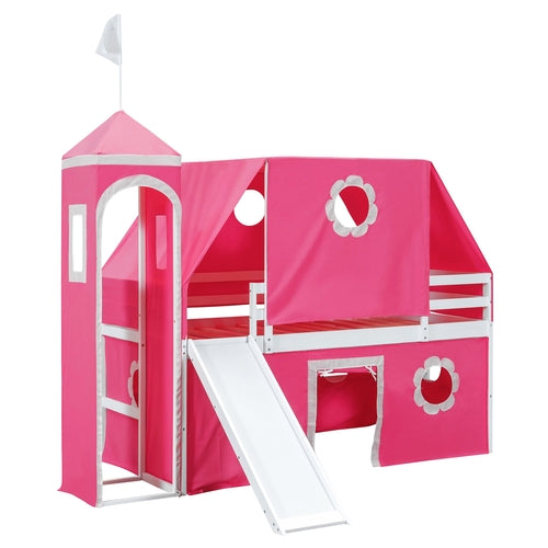 Twin Size Loft Bed with Slide Pink Tent and Tower - Pink