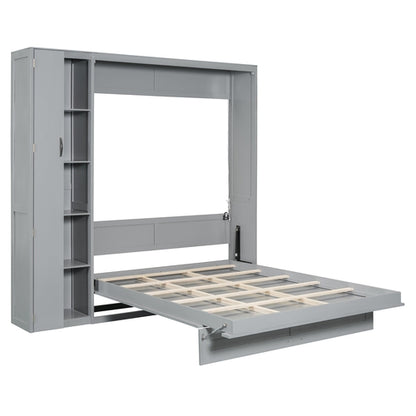 Queen Size Murphy Bed Wall Bed with Shelves, Wardrobe and LED Lights