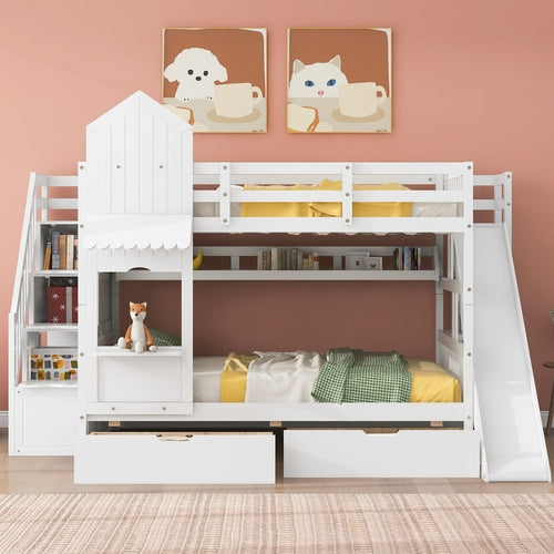 Full-Over-Full Castle Style Bunk Bed with 2 Drawers, 3 Shelves and