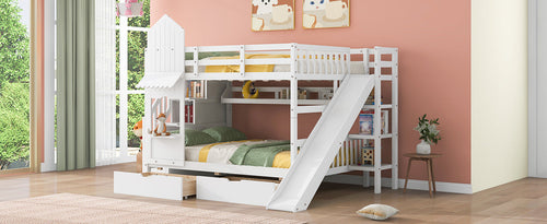 Full-Over-Full Castle Style Bunk Bed with 2 Drawers, 3 Shelves and