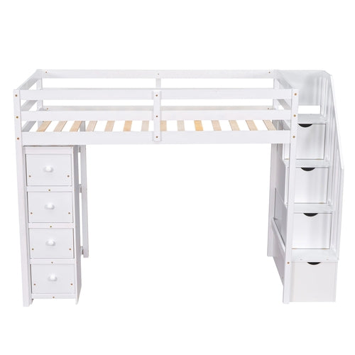 Twin size Loft Bed with Storage Drawers and Stairs, Wooden Loft Bed