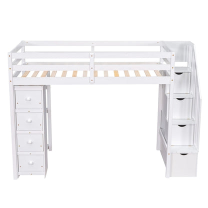 Twin size Loft Bed with Storage Drawers and Stairs, Wooden Loft Bed