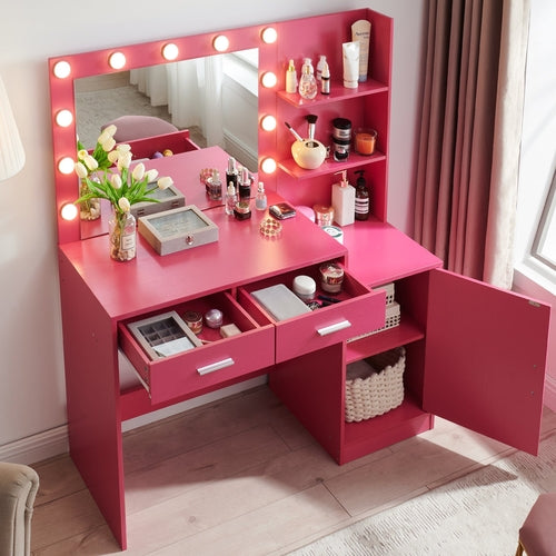 Rose Pink Vanity Desk with Mirror and Lights, Eco-Friendly Particle