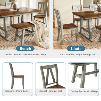 6-Piece Wood Dining Table Set with Long Bench and 4 Dining Chairs,