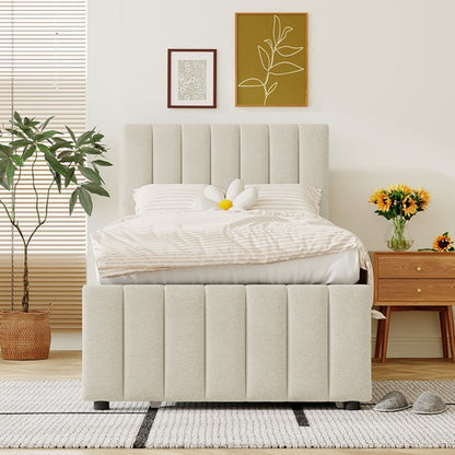 Upholstered Platform Bed with Trundle and 3 Drawers, Linen Fabric