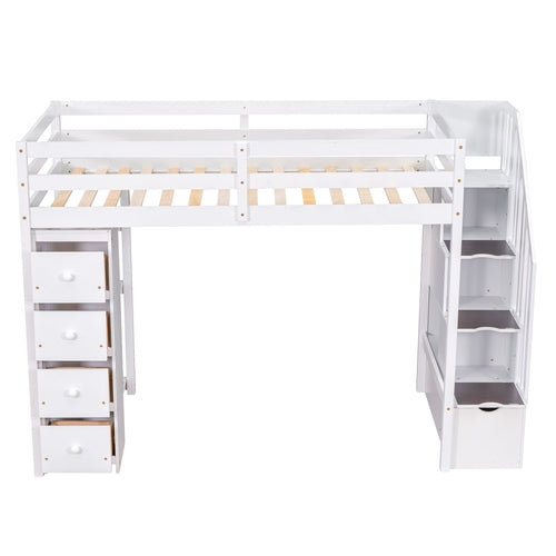 Twin size Loft Bed with Storage Drawers and Stairs, Wooden Loft Bed