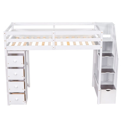Twin size Loft Bed with Storage Drawers and Stairs, Wooden Loft Bed
