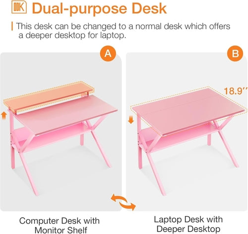 27.5-Inch Pink Desk With Monitor Stand For Small Spaces