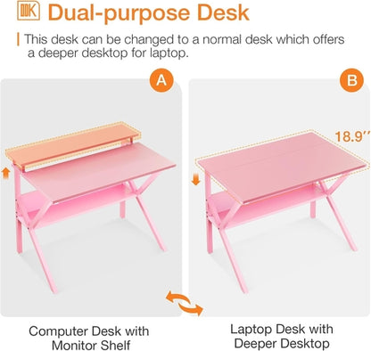 27.5-Inch Pink Desk With Monitor Stand For Small Spaces