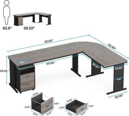 83 Inch L Shaped Office Desk Gray Executive Desk Large